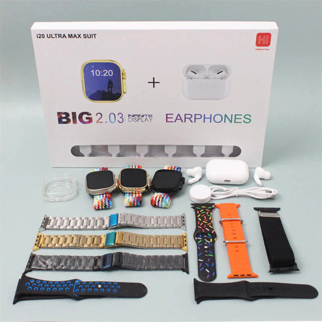 I20 Ultra Smart Watch with Earbuds and 7 Straps